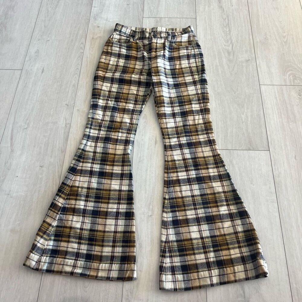 7 For All Mankind Plaid Flare Pants - Brown and Cream